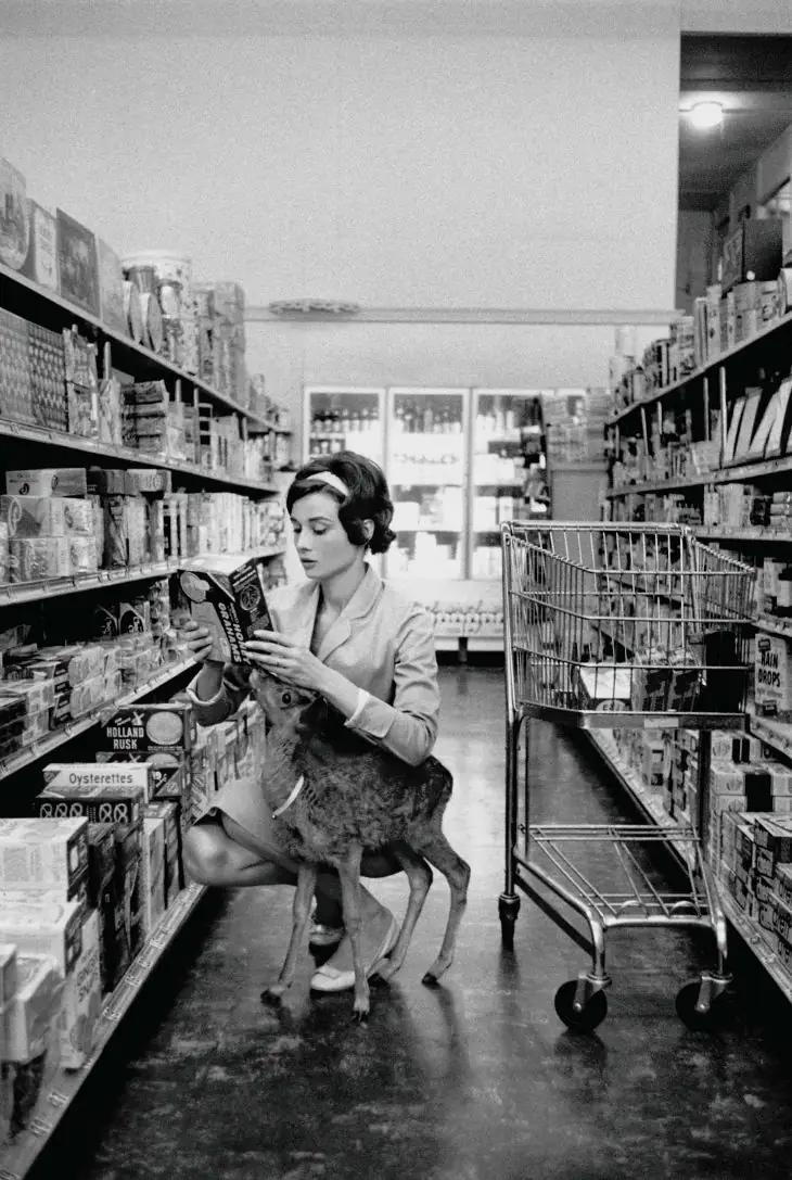 Audrey Hepburn shopping with her pet deer “Ip” in Beverly Hills, CA, 1958.