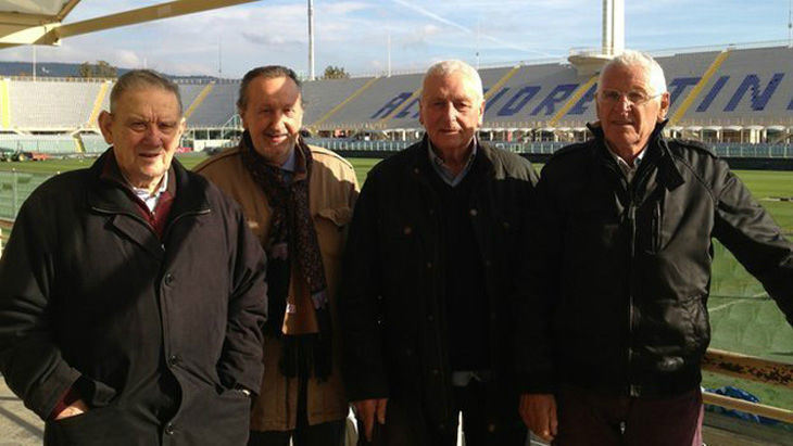 Players Ardico Magnini, Ronaldo Lomi and Romolo Tuci with their fan Gigi Boni (second left), at the ground