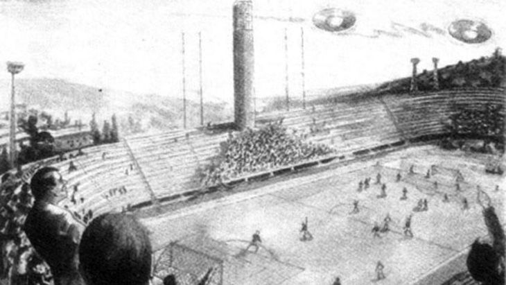 A sketch of UFOs over the stadium by Silvio Neri
