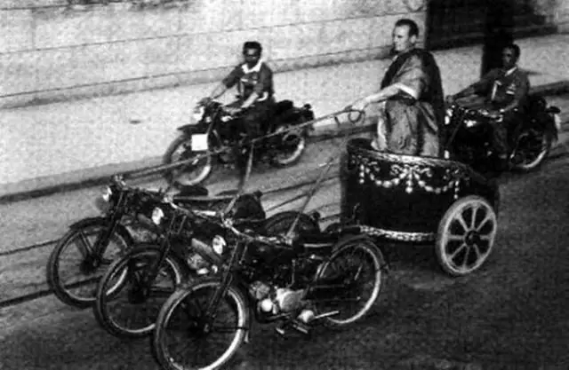 Roman era riding on motorcycle chariot