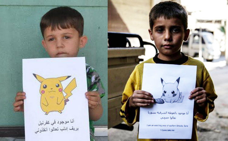 Syrian children holding Pokemons