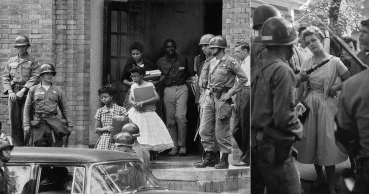 Airborne soldiers protecting Little Rock Nine