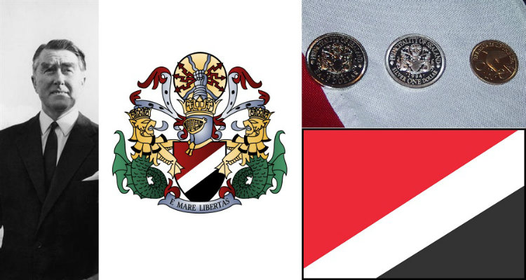 Roy Bates and Sealand coat of arms, flag, and currency