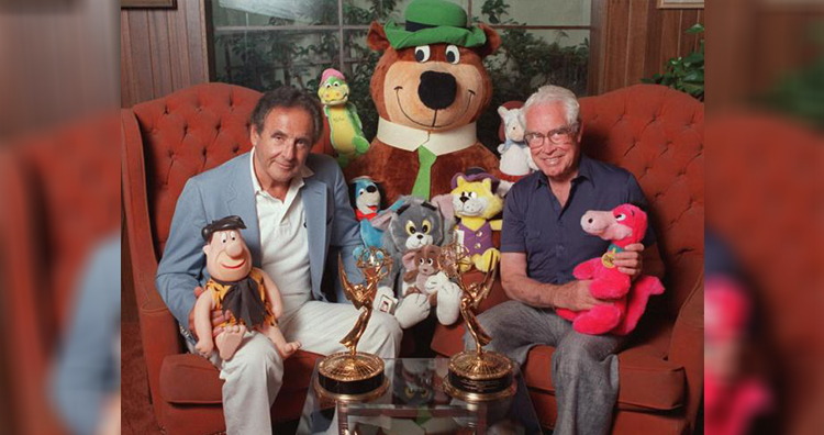 Joseph Barbera and William Hanna pose with some of their cartoon characters