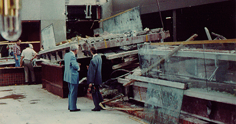 Investigations after the collapse of the Hyatt Regency hotel walkway. 