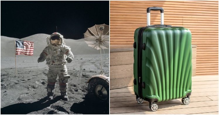 Men on moon before wheels on luggage