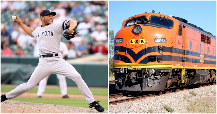 Baseball players throwing ball in the opposite direction as train