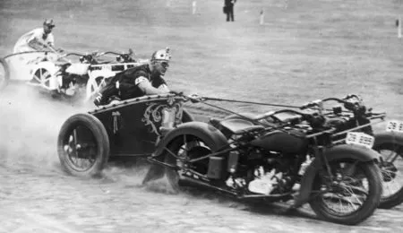 Picture Motorcycle Chariot Racing was a real sport in the 1920s and 1930s