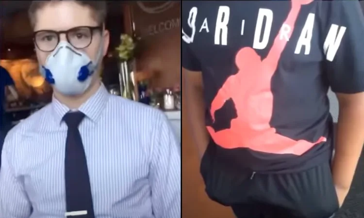 The video shows a restaurant employee (left) denying service to Grant and her son, Dallas (right), in his Air Jordan t-shirt.