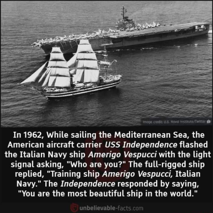 USS Independence flashed the Italian Navy ship Amerigo Vespucci