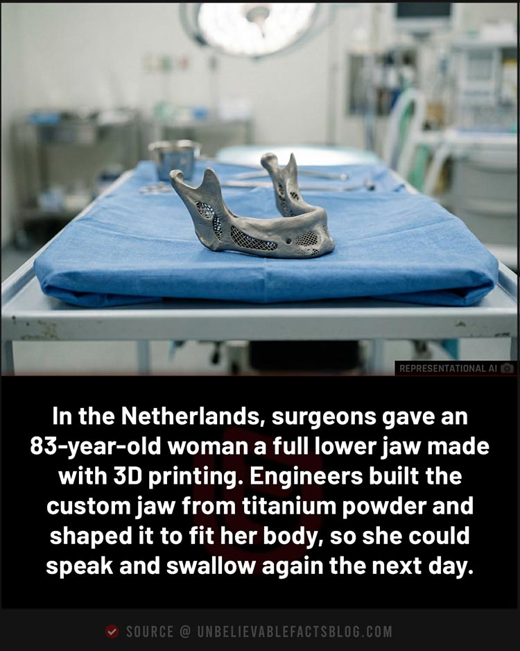 An 83-year-old woman received the first 3D-printed titanium lower jaw.