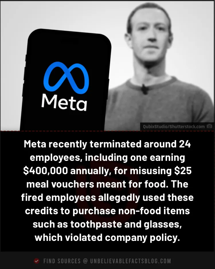 Meta fired employees for misusing $25 meal credits on non-food.