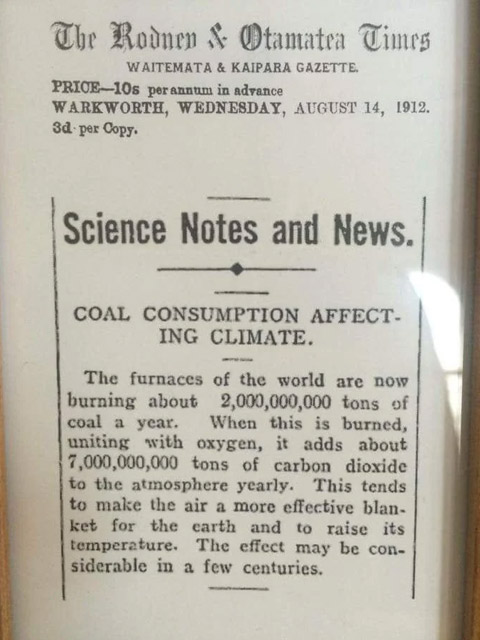 A newspaper article from 1912, warns about climate change