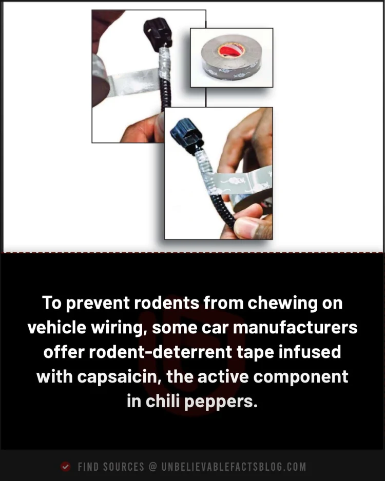 Capsaicin-coated tape prevents rodents from damaging car wiring.