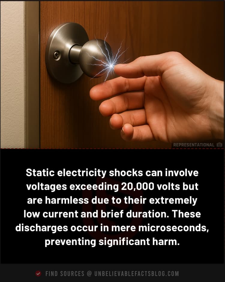 High-voltage static shocks are harmless due to low current, duration.