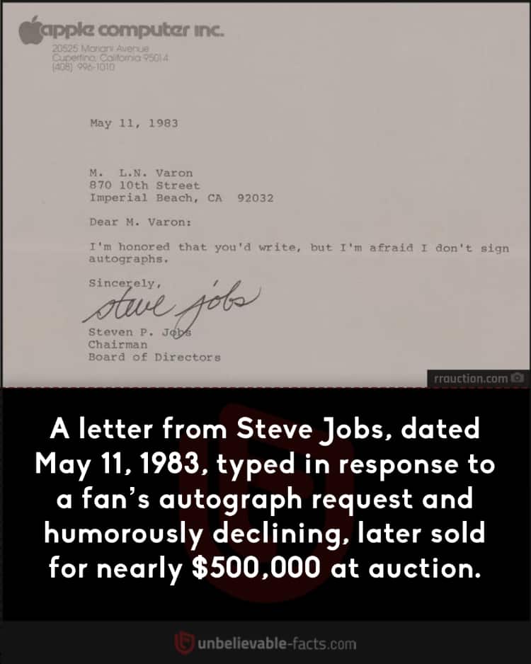 Steve Jobs' 1983 letter declining autograph