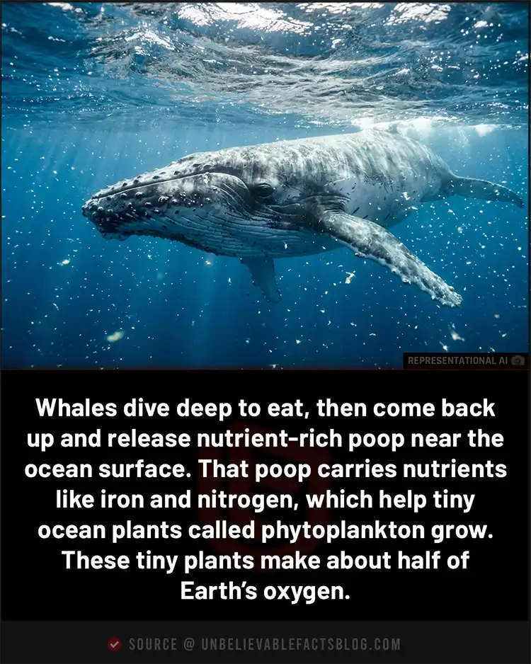 Whale poop helps feed tiny ocean plants that make oxygen.