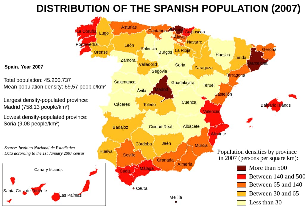 The population density of spain