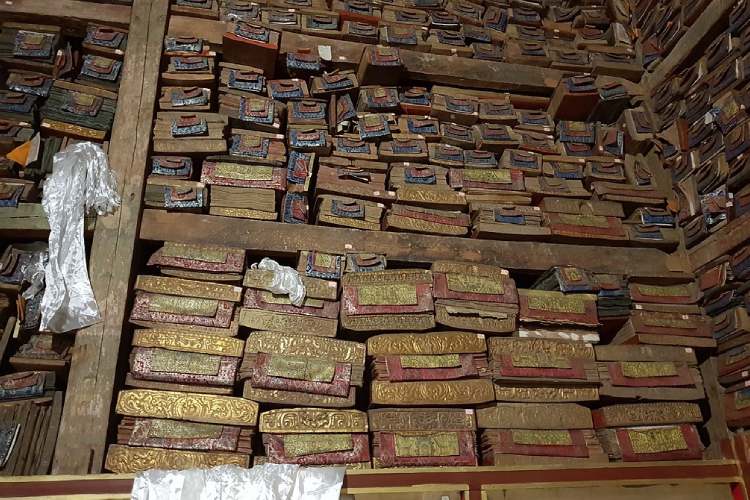 The manuscripts at Sakya Library stacked.