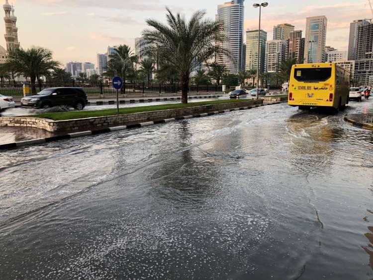 Flooded road in Dubai-Sharjah after rare heavy rain from cloud seeding
