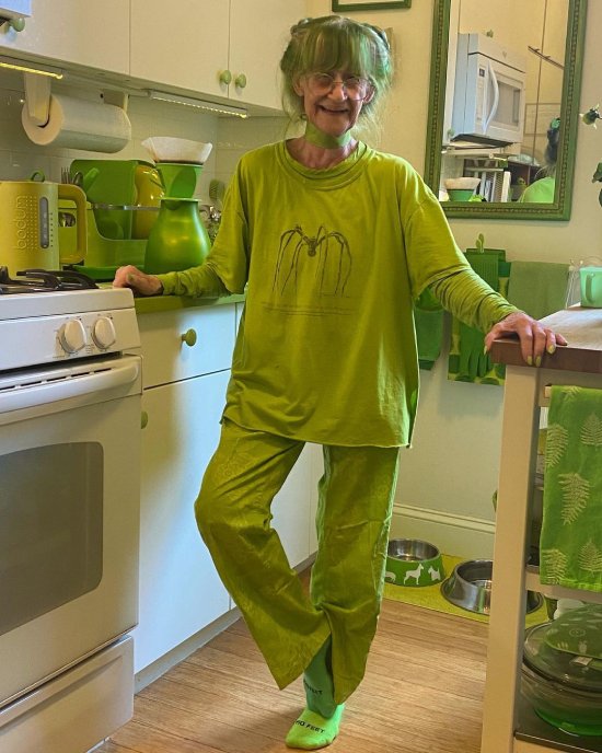 The Green Lady of Brooklyn making coffee in her kitchen