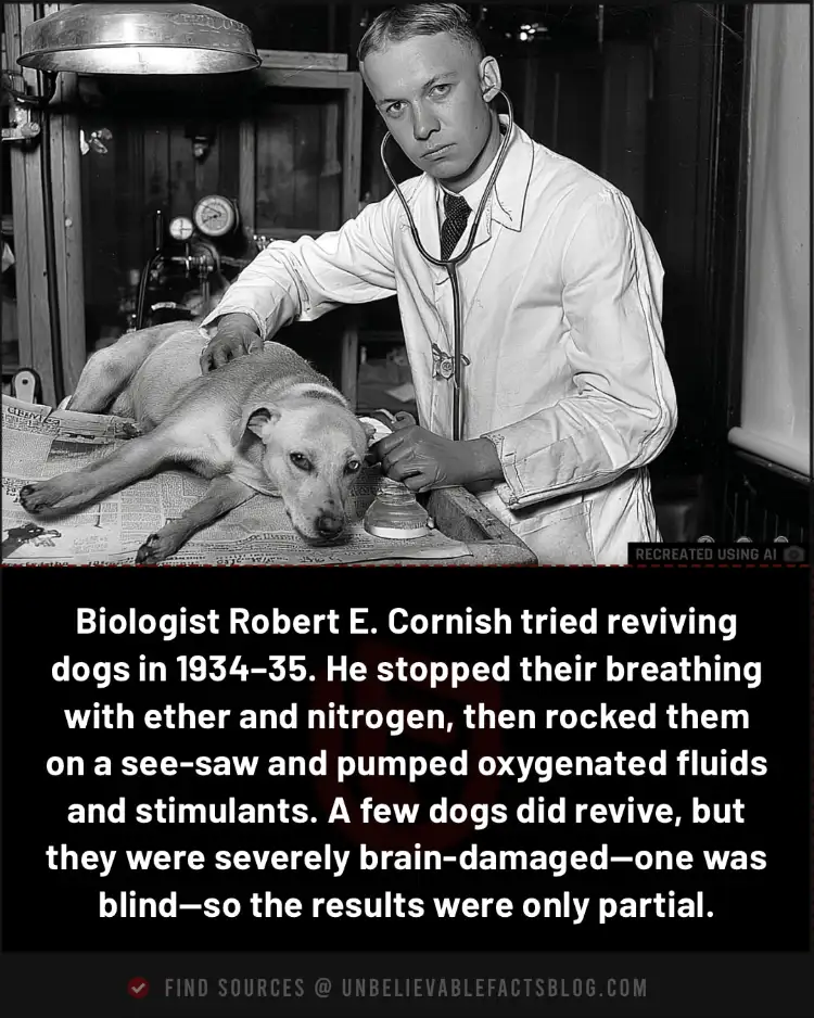 Biologist Robert E. Cornish tried reviving dogs