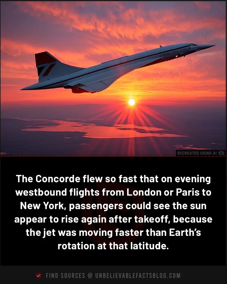 Concorde flew so fast westbound, passengers saw the sun “rise” after sunset, overtaking Earth’s rotation. Concorde flew so fast westbound, passengers saw the sun “rise” after sunset, overtaking Earth’s rotation.