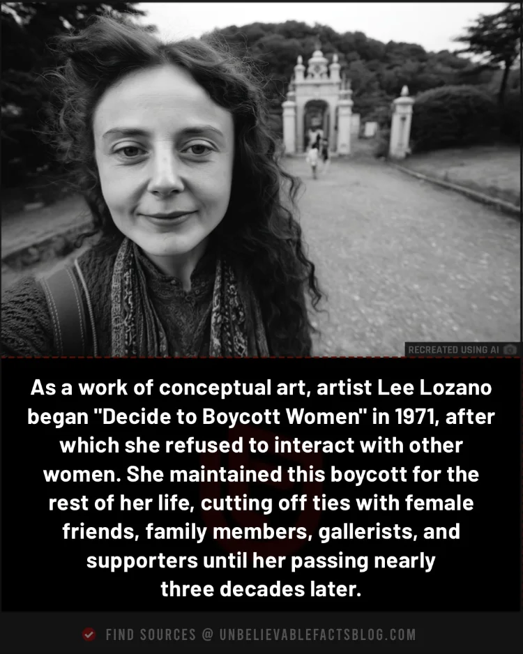 For an art piece, Lee Lozano boycotted all women for life. For an art piece, Lee Lozano boycotted all women for life.