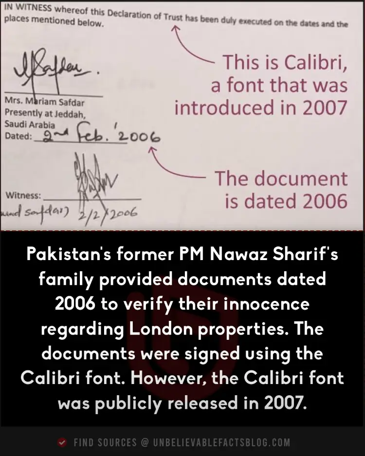 Former PM of Pakistan used 2006 documents with 2007 Calibri font.