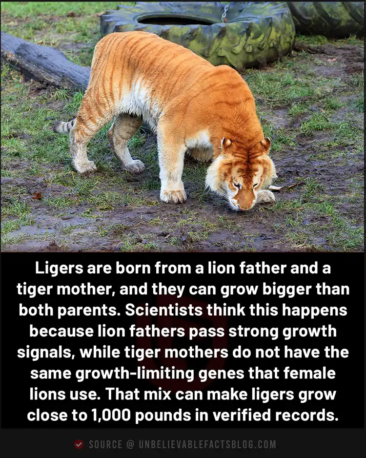 Ligers grow huge because their parents’ growth genes do not balance. Ligers grow huge because their parents’ growth genes do not balance.