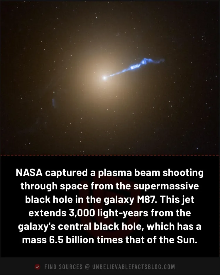 M87's black hole shoots a 3,000-light-year plasma jet.