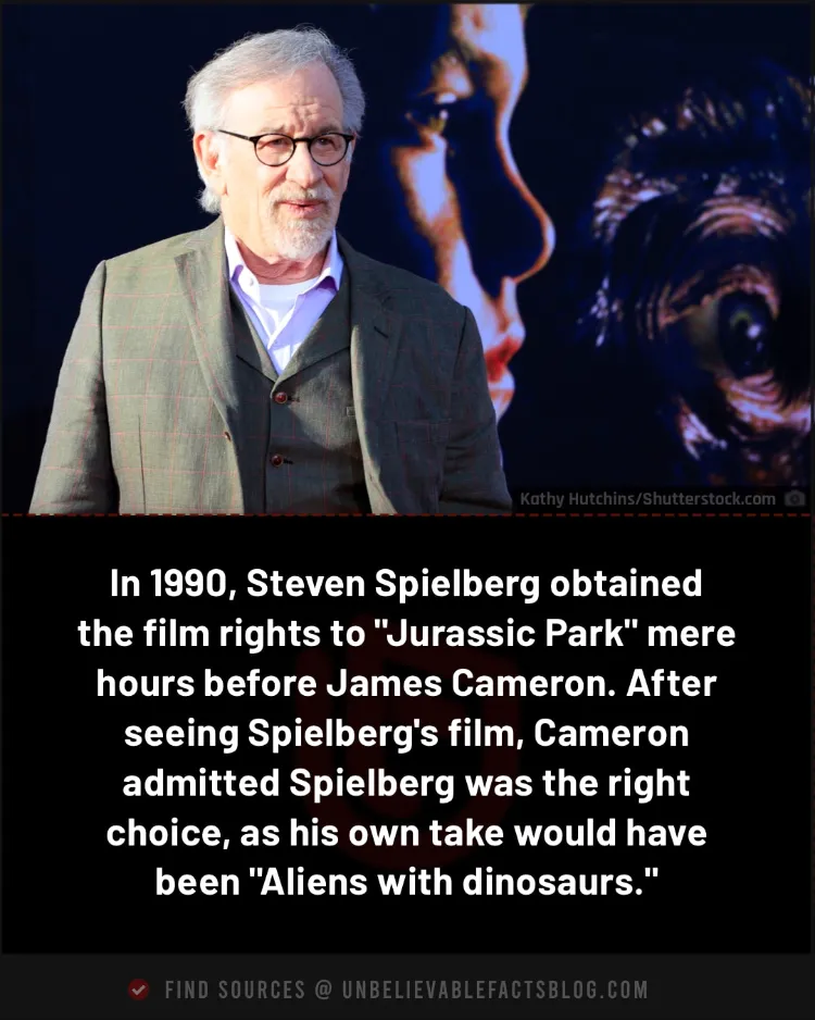 Spielberg beat Cameron to "Jurassic Park" rights by hours.