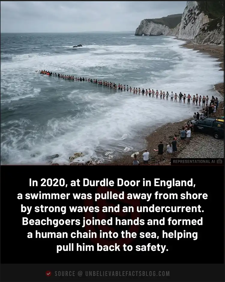 Beachgoers linked hands to save a swimmer at Durdle Door. Beachgoers linked hands to save a swimmer at Durdle Door.