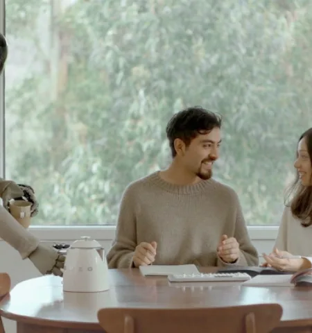 Picture A Humanoid with a Knitted Nylon Body Suit Helps with Household Chores